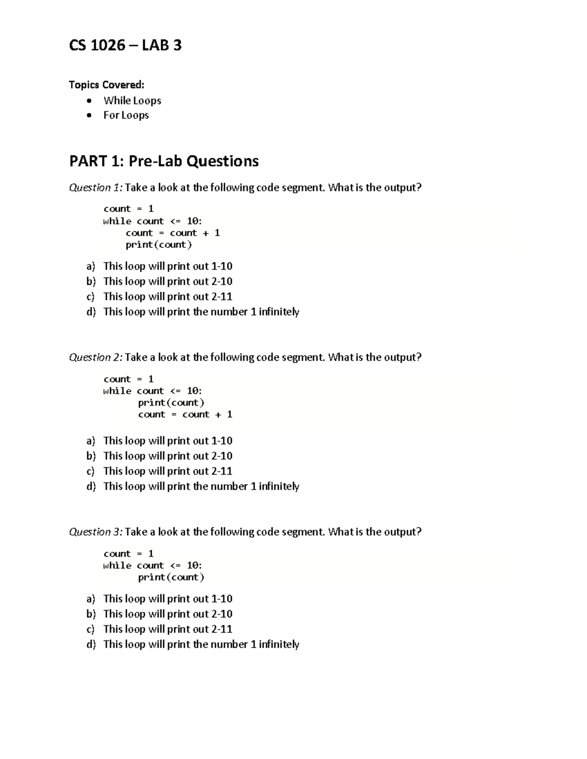 CS 1026 LAB 3: While and For Loops with Coding Exercises - Studocu