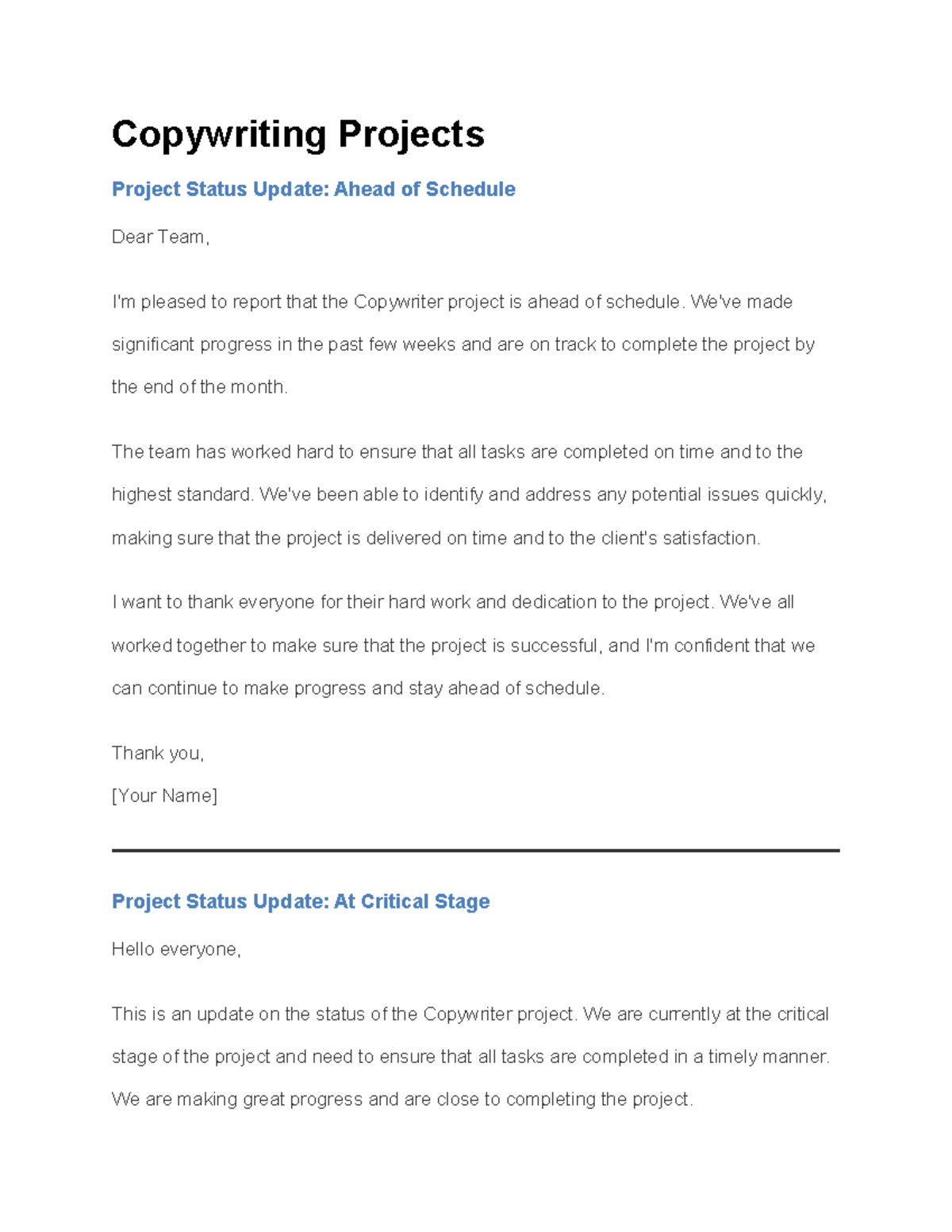 Copywriting Projects Status Updates: Progress & Challenges - Studocu