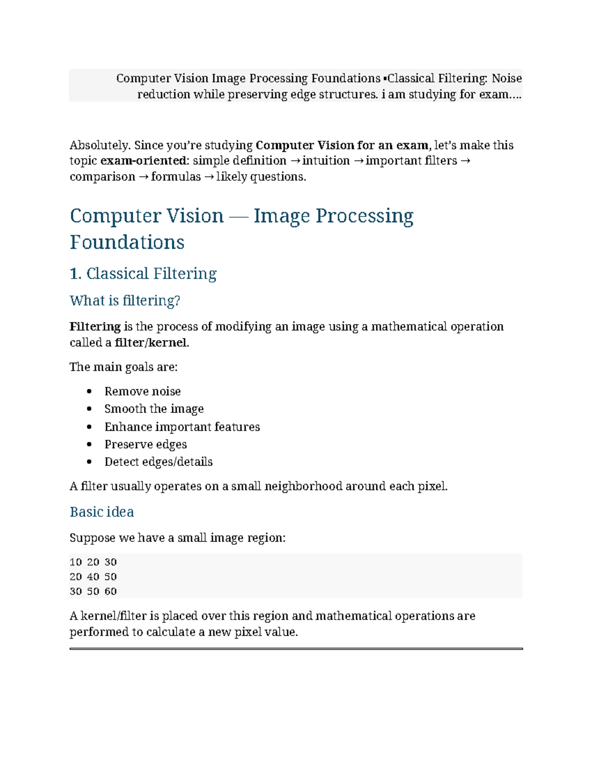 Computer Vision Exam Notes: Filtering Techniques for Noise Reduction ...