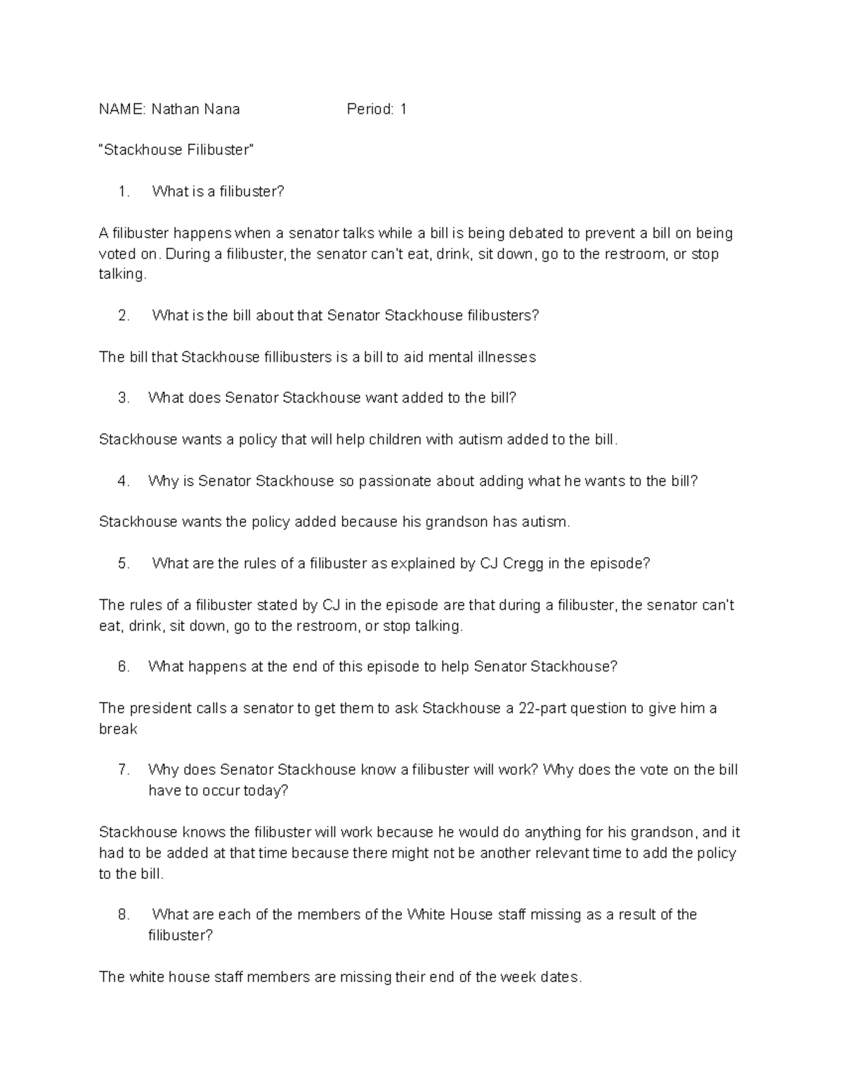 Stackhouse Filibuster Worksheet: Analysis and Discussion Guide - Studocu