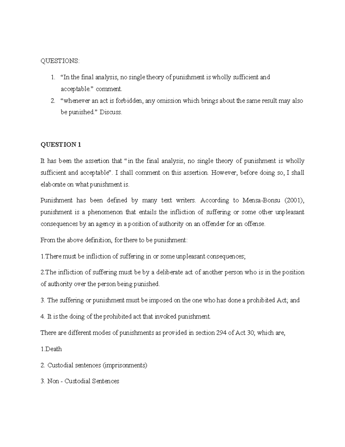 Criminal Law Q&A: Theories of Punishment & Omission Liability - Studocu