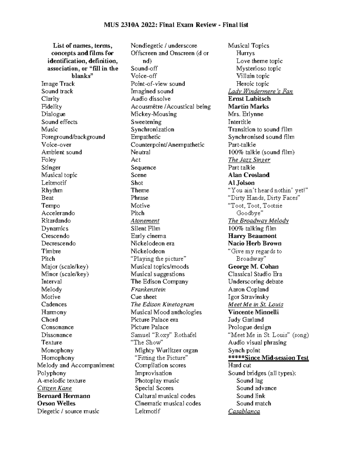 MUS2310A 2022 Final Exam Review - Comprehensive Terms List - Studocu