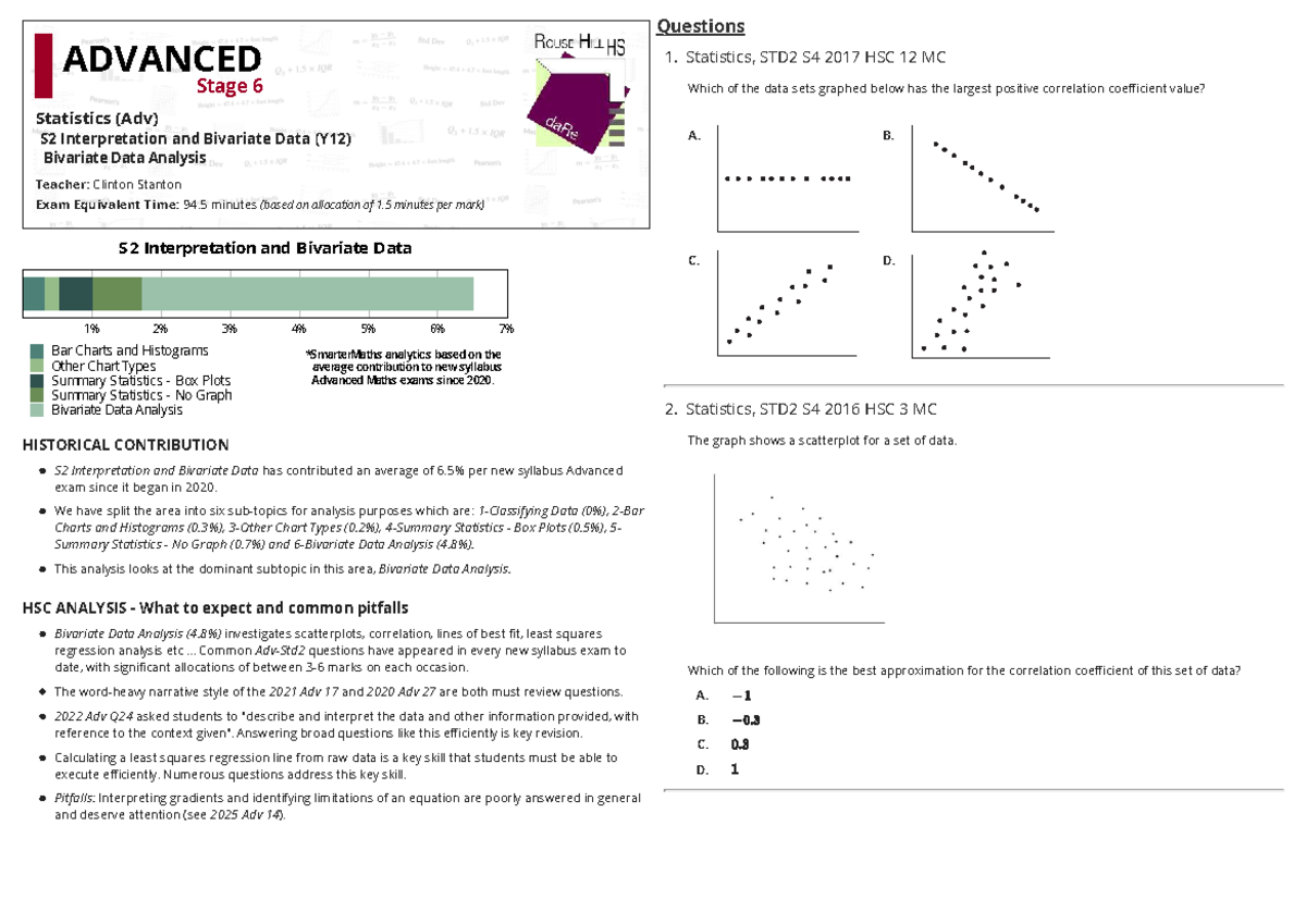 Bivariate Data Analysis: Statistics 2ADV S2 Exam Insights - Studocu