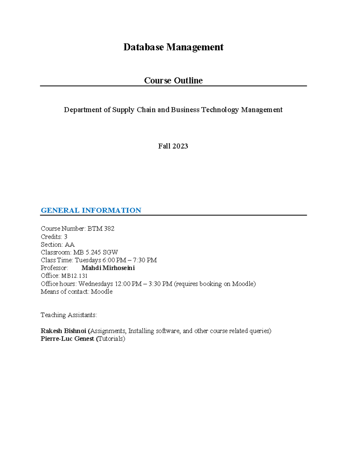 BTM 382-AA Database Management Course Outline - Fall 2023 - Studocu