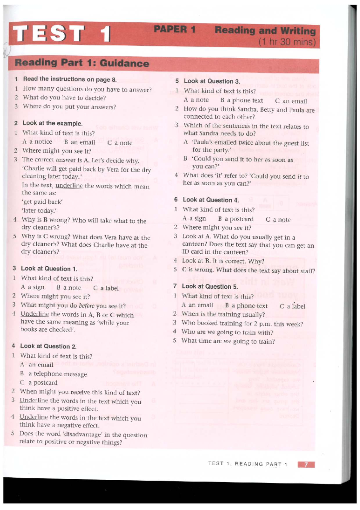 PAPER 1 TEST 1: Reading and Writing Guidance (1 hr 30 mins) - Studocu