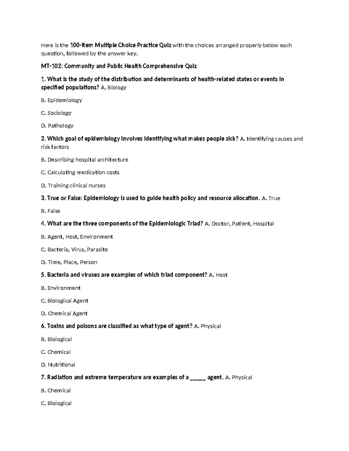 Community and Public Health Quiz 1: Multiple Choice Practice with ...
