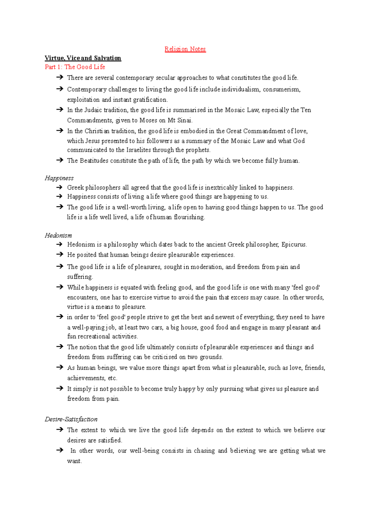 Catholic Thought Study Notes: Virtue, Happiness, and the Good Life ...