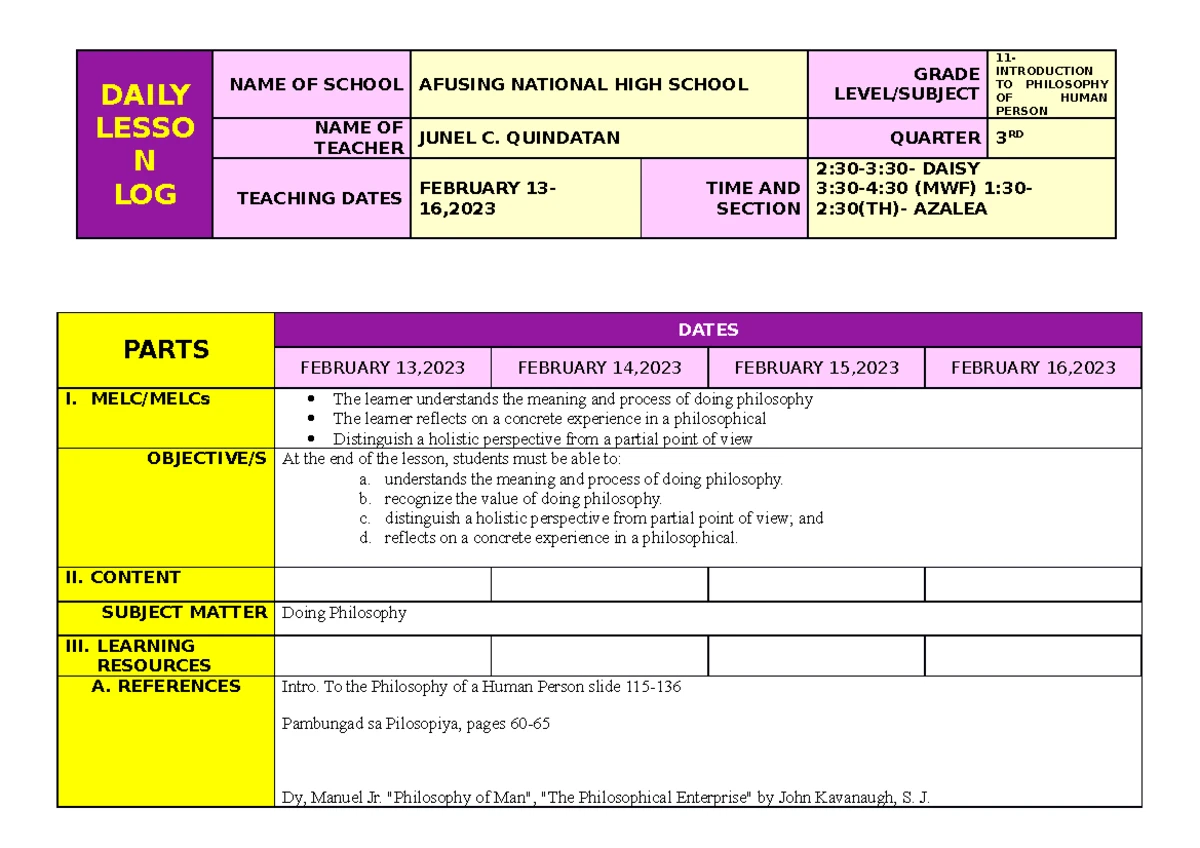 DLL-2022-2023 Intro to Philosophy Week 1 Lesson Plan and Objectives ...