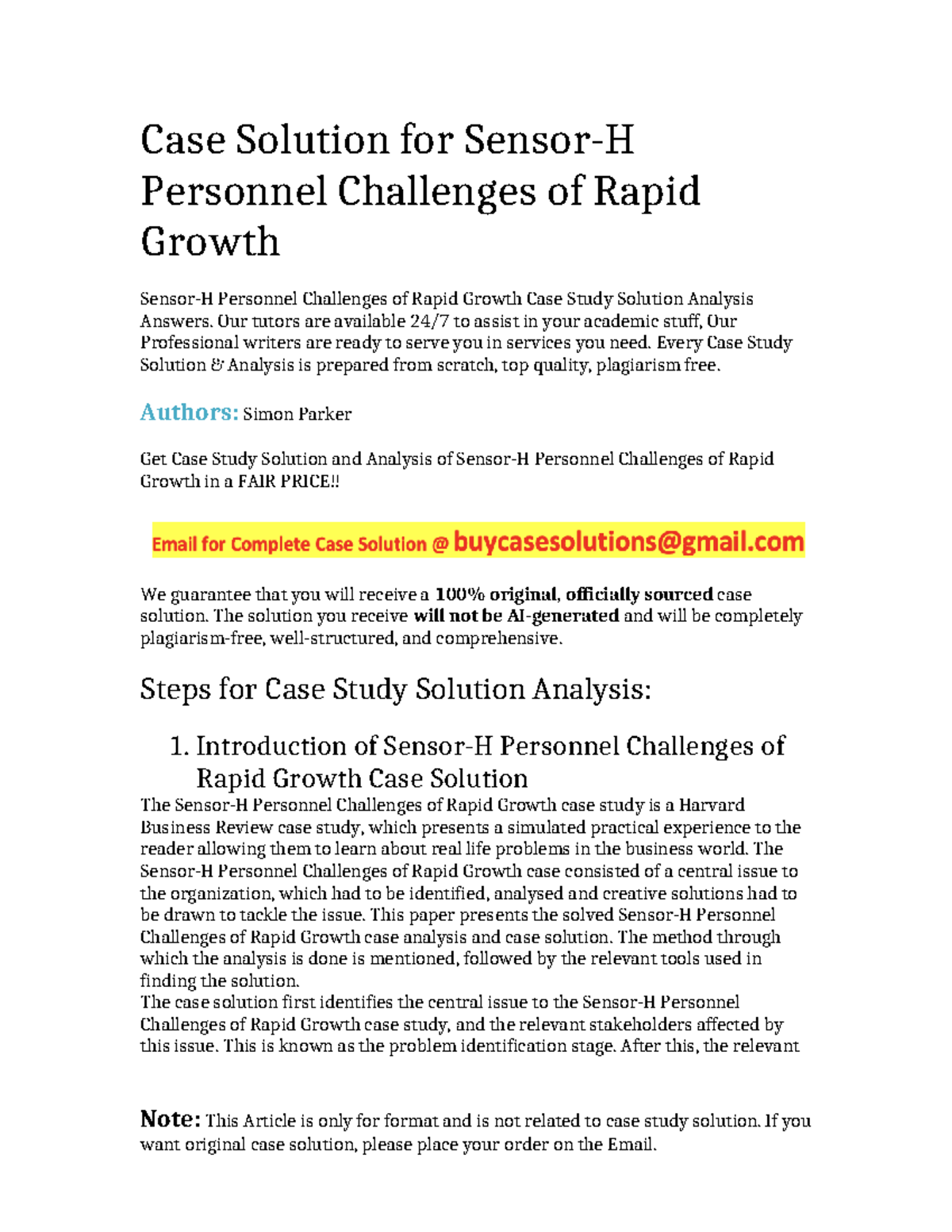 Case Study Solution: Personnel Challenges of Rapid Growth (LSensor-H ...