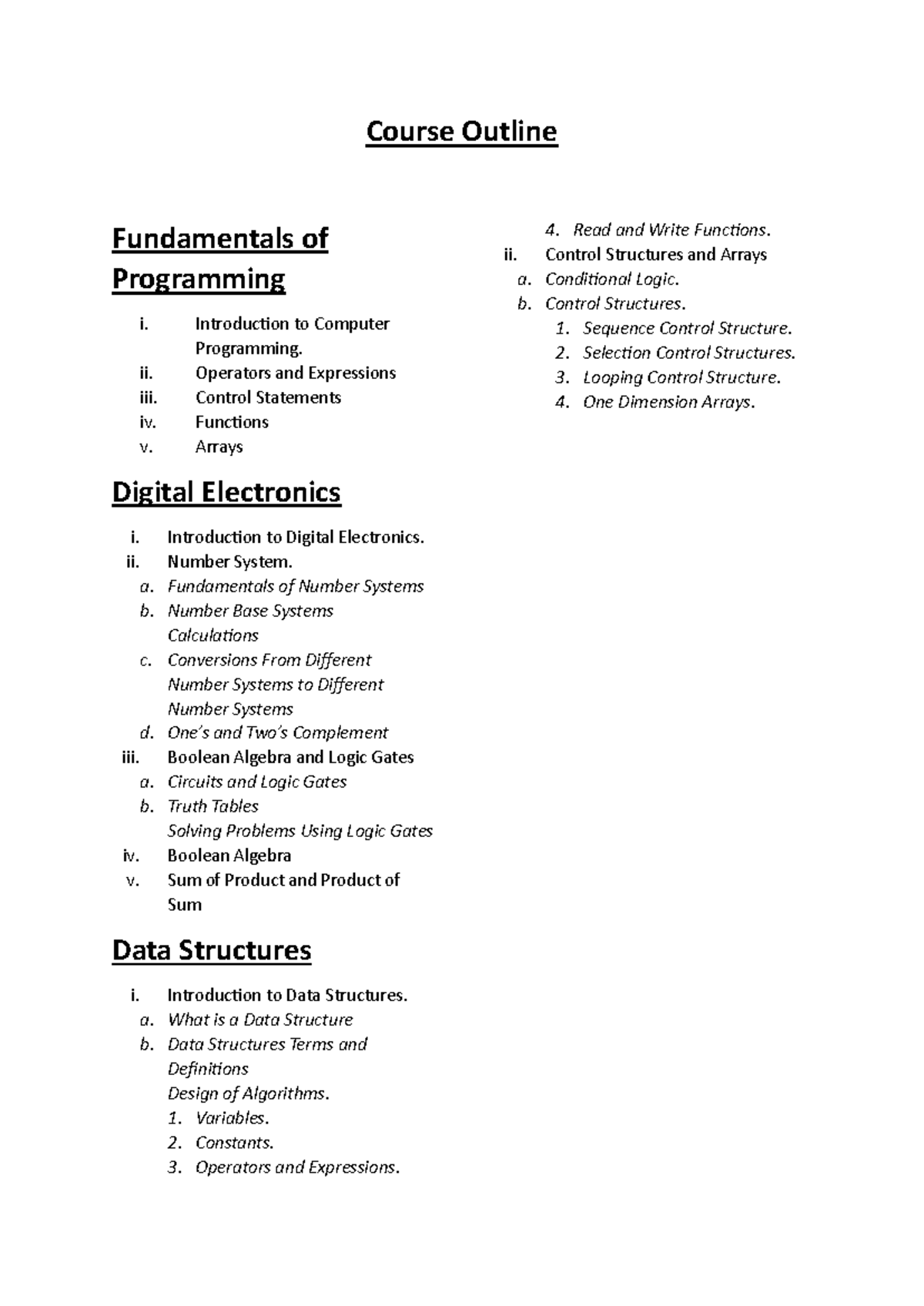 Course outline - Course Outline Fundamentals of Programming i ...