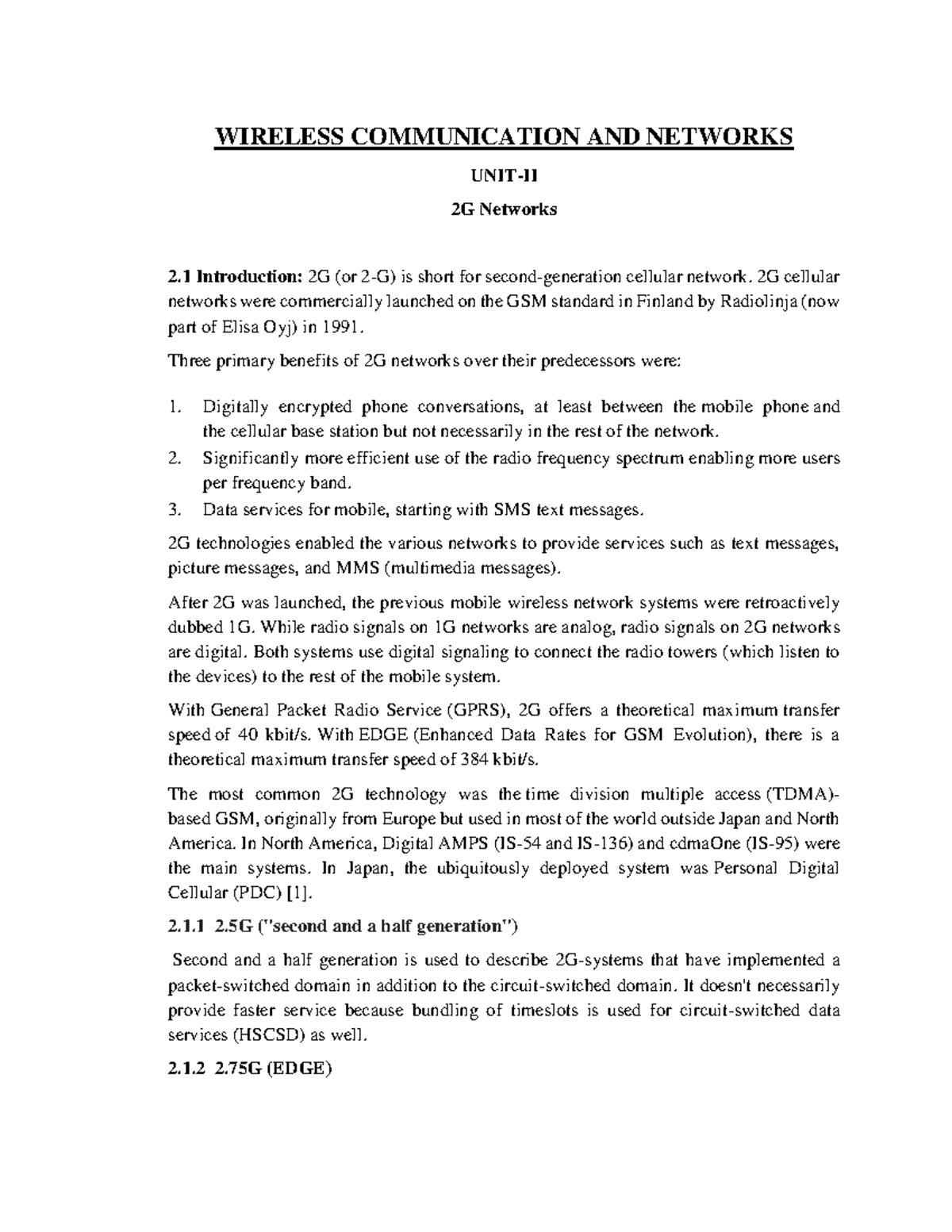 Unit 2 Wireless Communication Network Notes (WCN) - Key Concepts and ...