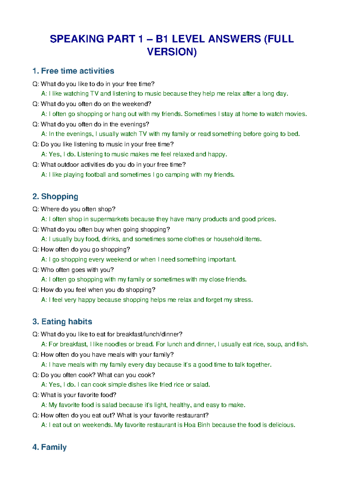 Speaking Part 1 B1 Level: All Topics Overview - Studocu