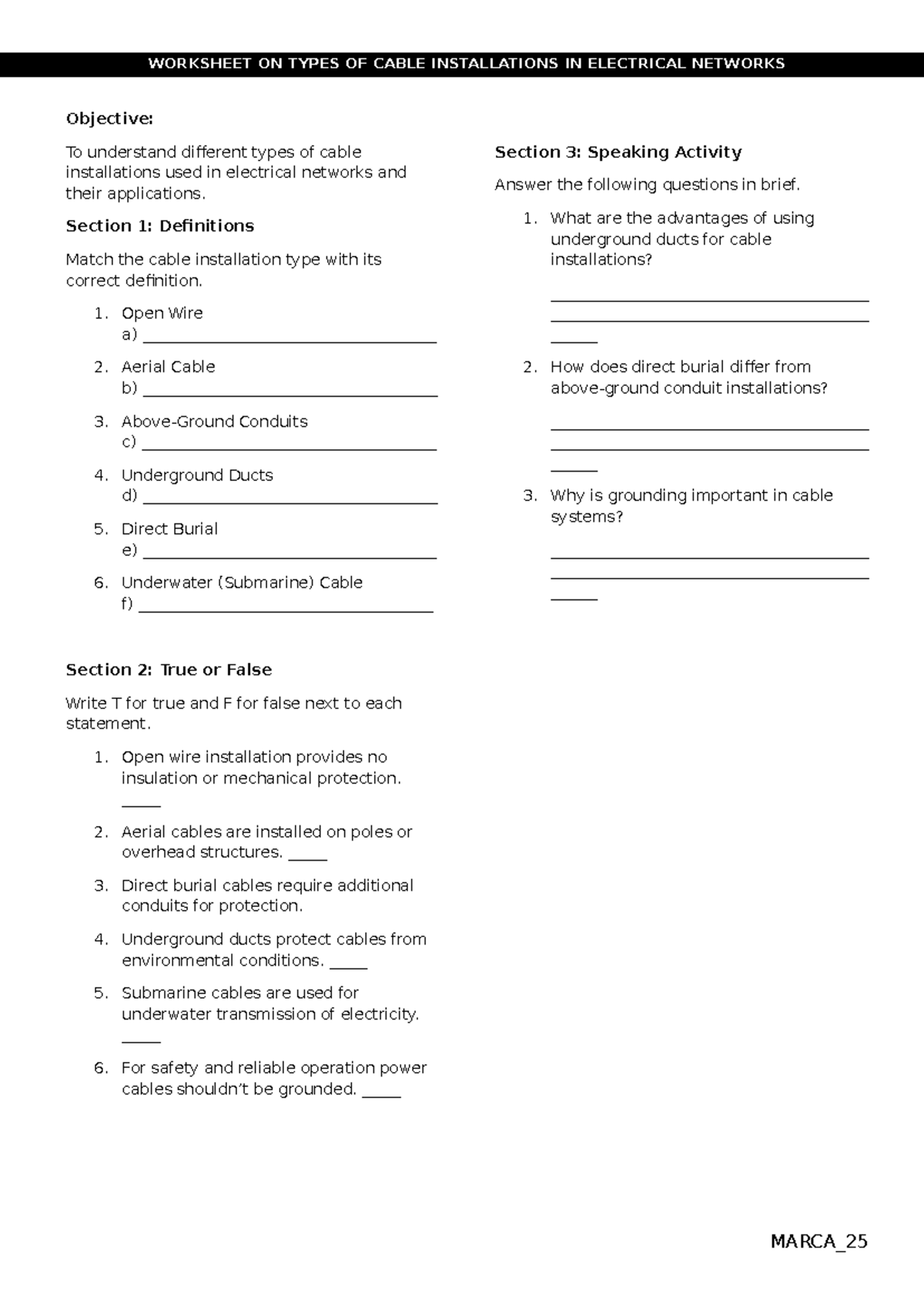 Worksheet on Cable Installations in Electrical Networks MARCA_25 - Studocu