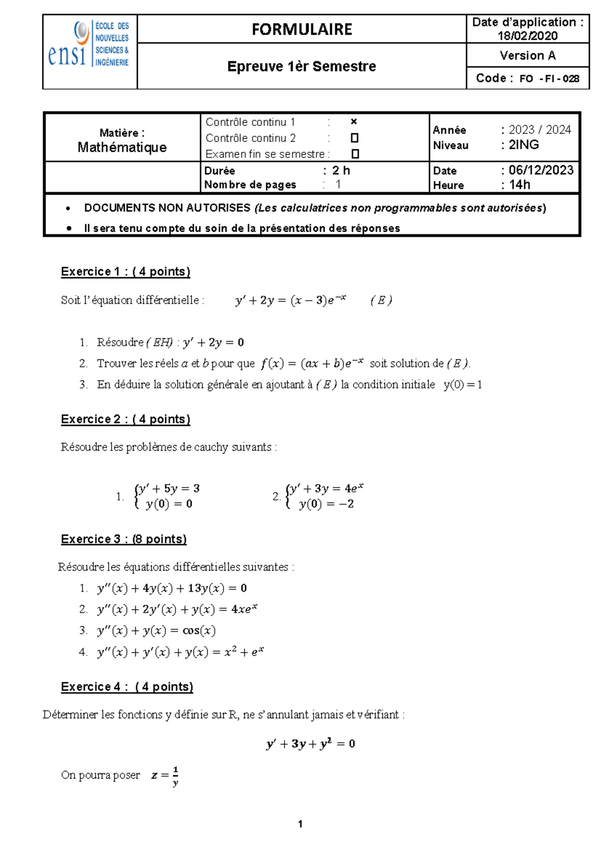 Math de l'ingénieur - Examen 1er Semestre FO-FI-028 Maths Practice ...