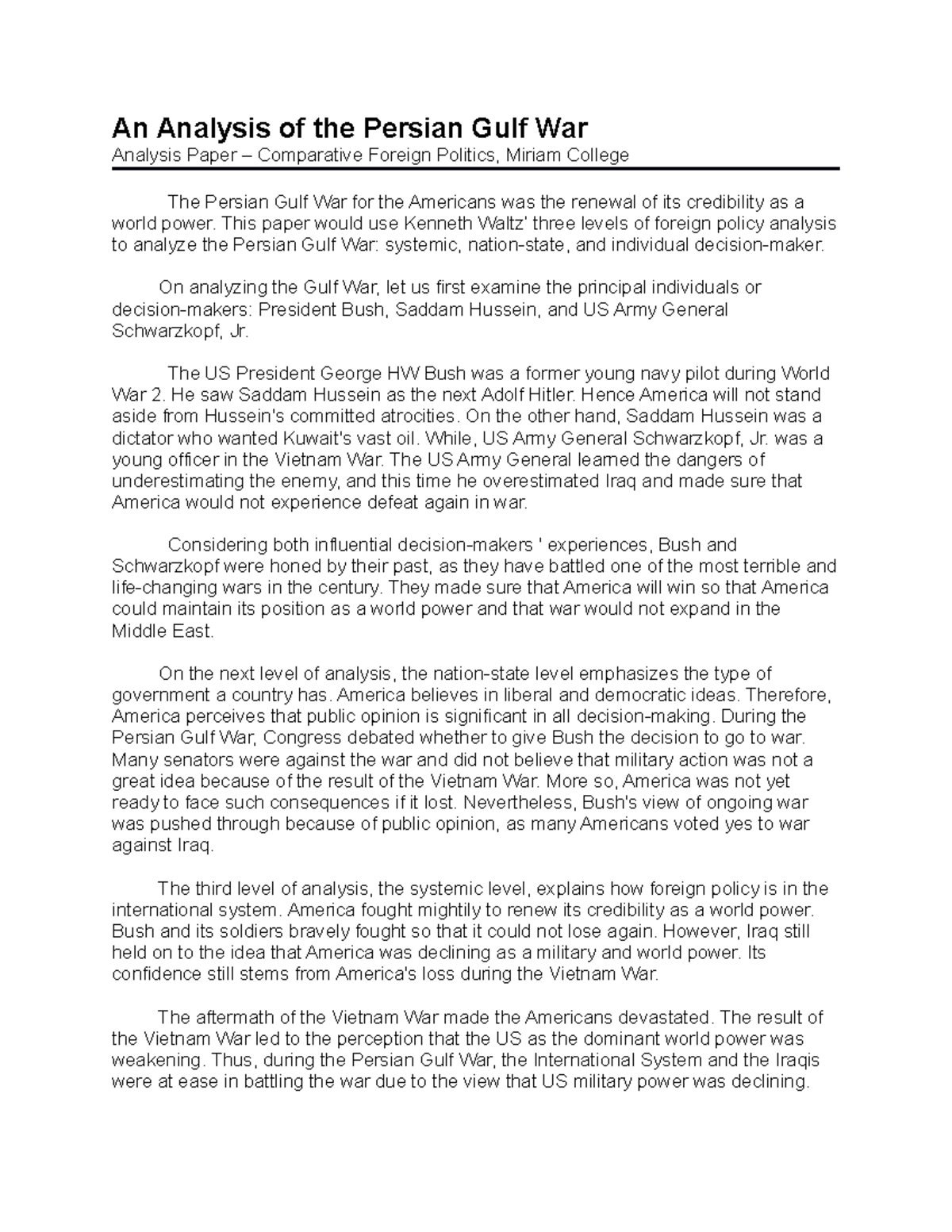 An Analysis of the Persian Gulf War Essay - An Analysis of the Persian ...