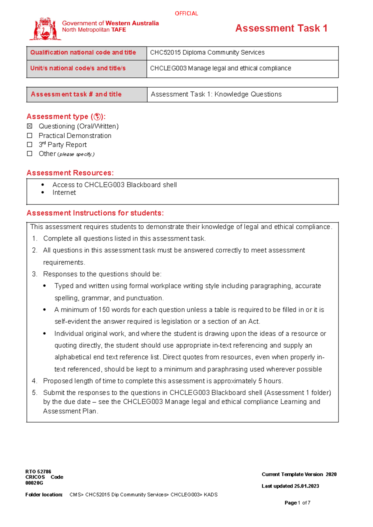 CHC52015 Diploma Community Services: CHCLEG003 Assessment Task 1 Guide ...