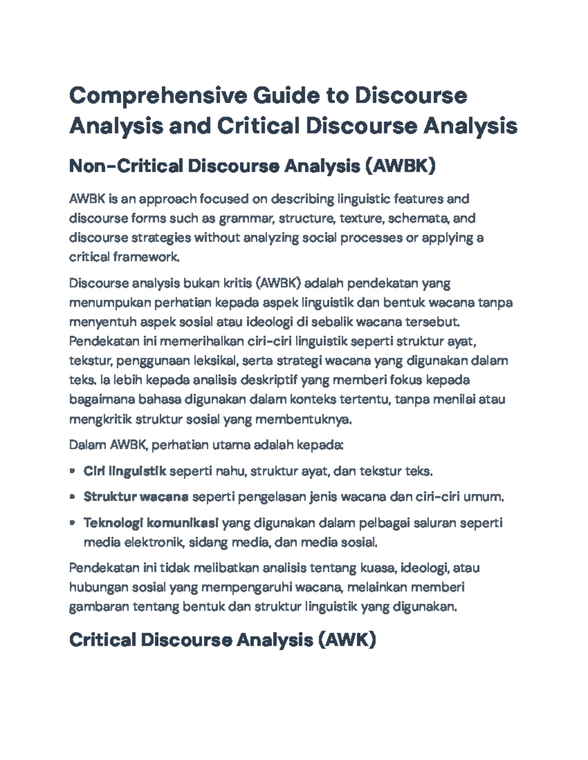 Comprehensive Guide to Discourse Analysis (AWBK) and CDA (AWK) - Studocu