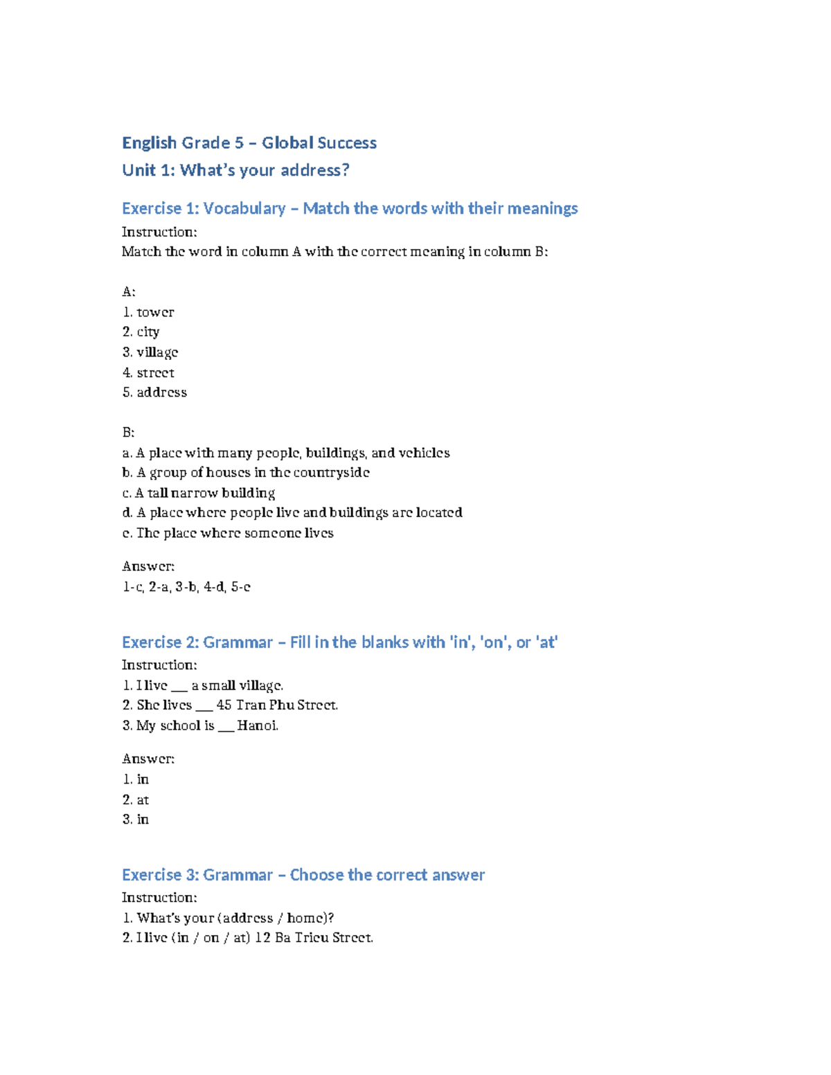 Unit 1 English Grade 5: Vocabulary, Grammar, and Writing Exercises ...