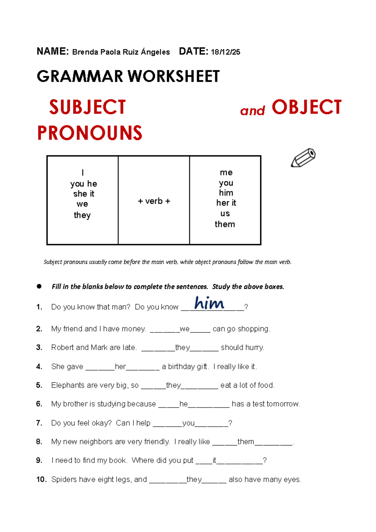 Pronouns Worksheet - Subject & Object Pronouns (ENG 101) - Studocu