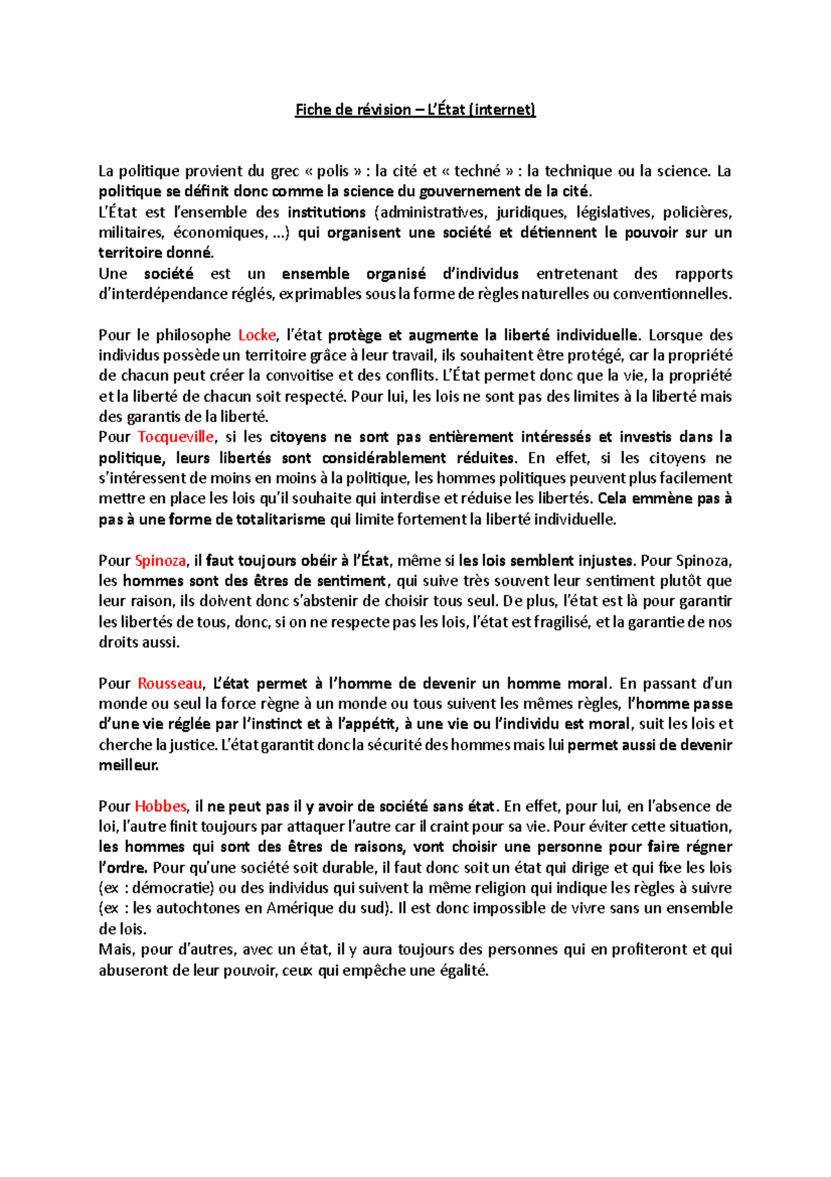 Fiche de révision (Cours) : La Politique et l'État en Philosophie - Studocu