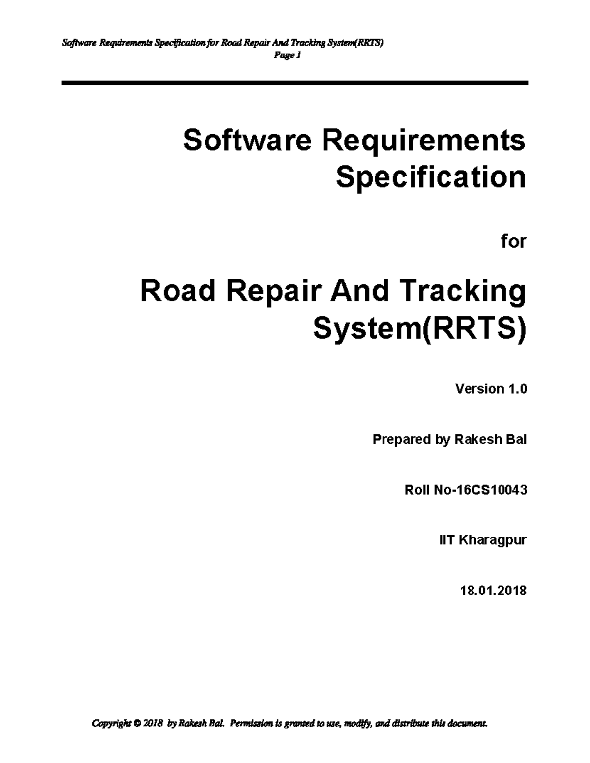 SRS for Road Repair and Tracking System (RRTS) - Version 1 - Studocu