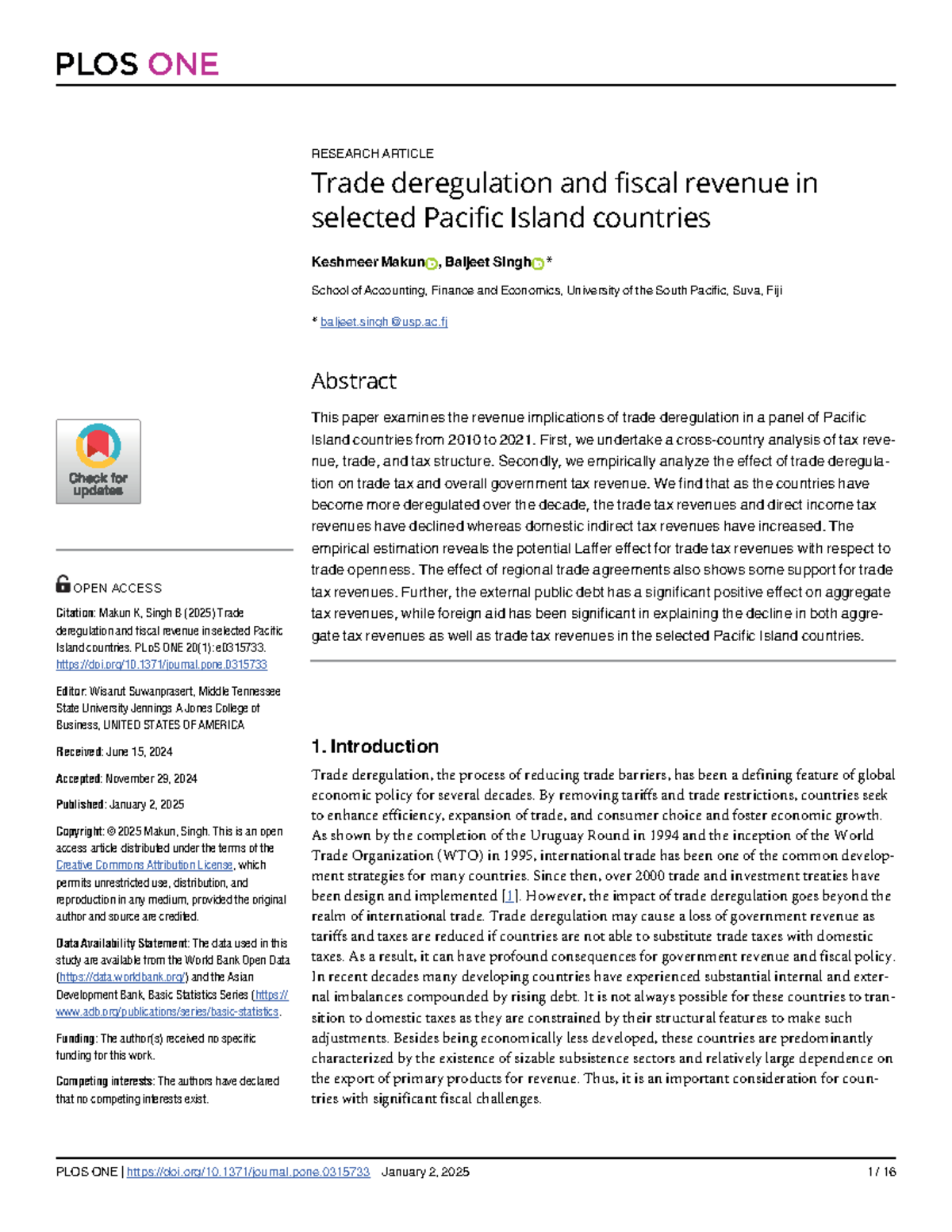 PLOS ONE RESEARCH ARTICLE: Trade Deregulation and Fiscal Revenue in ...