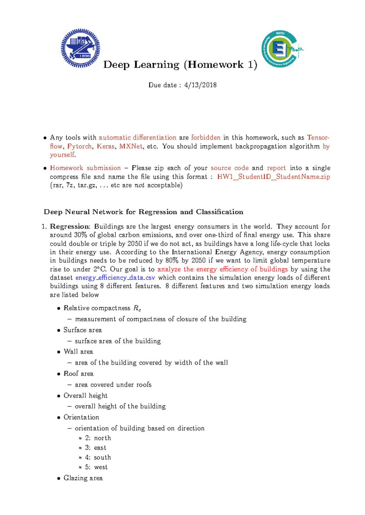 Deep Learning HW1 - Deep Learning (Homework 1) Due date : 4/13/2018 ...