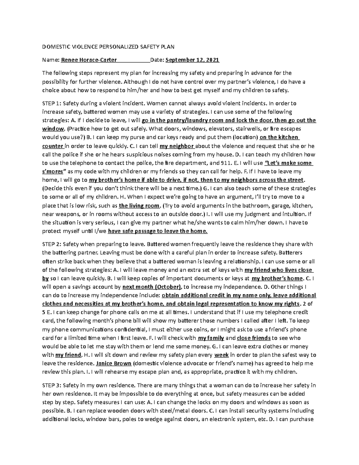 BHS 440 Domestic Violence Personalized Safety PLAN Complete - DOMESTIC ...