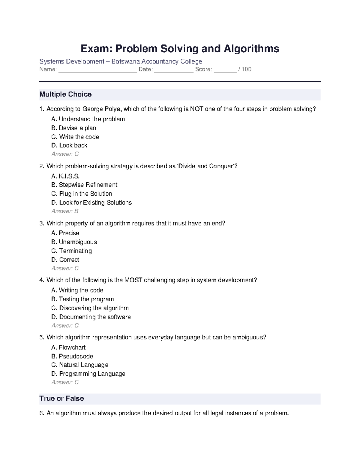 Lecture 4: Problem Solving & Algorithms Exam - Botswana Accountancy ...