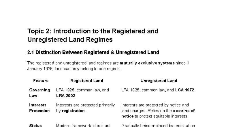 Topic 2: Summary of Registered vs Unregistered Land Regimes (LRA 2002 ...