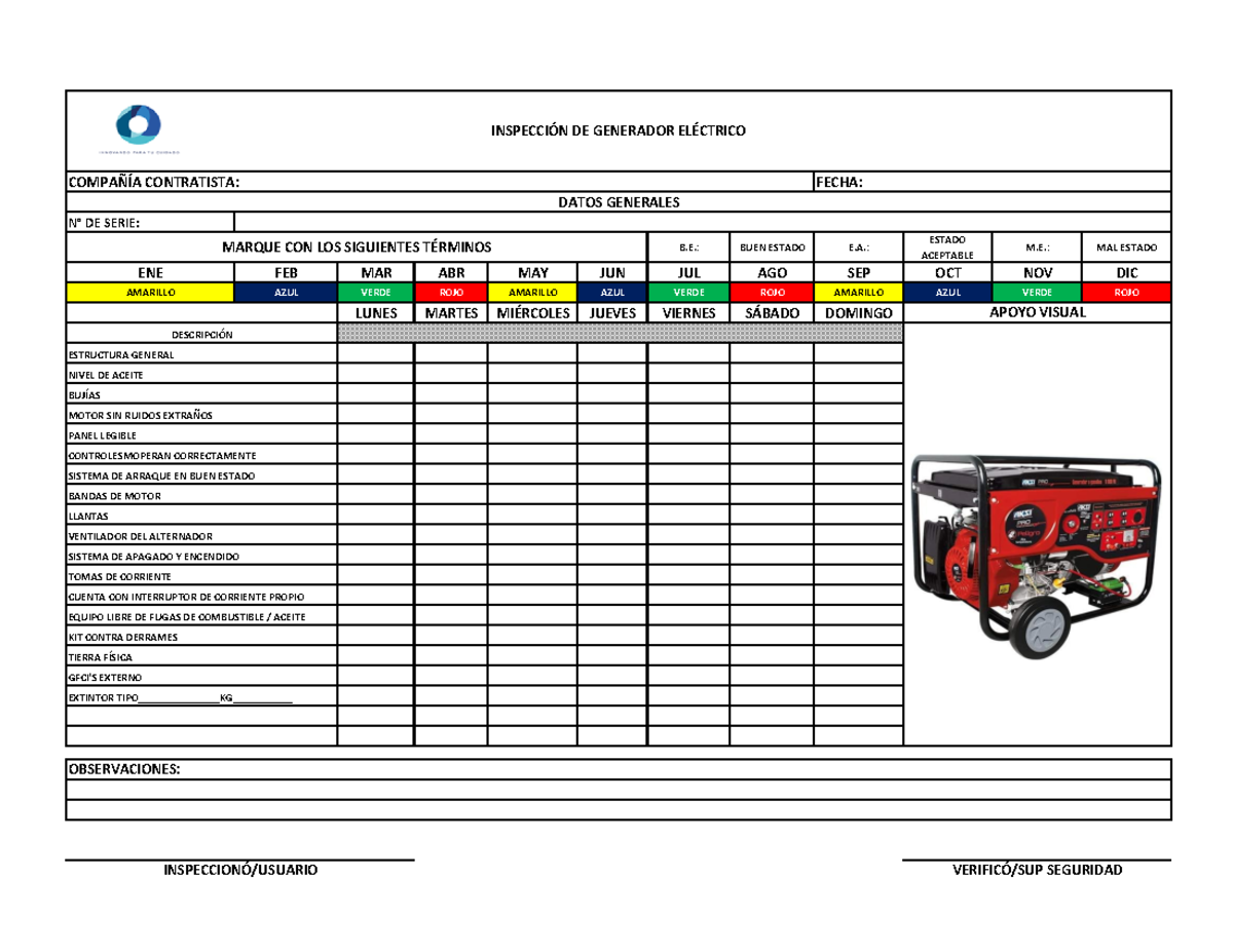Lista de Verificación para Generador Eléctrico - Inspección Completa