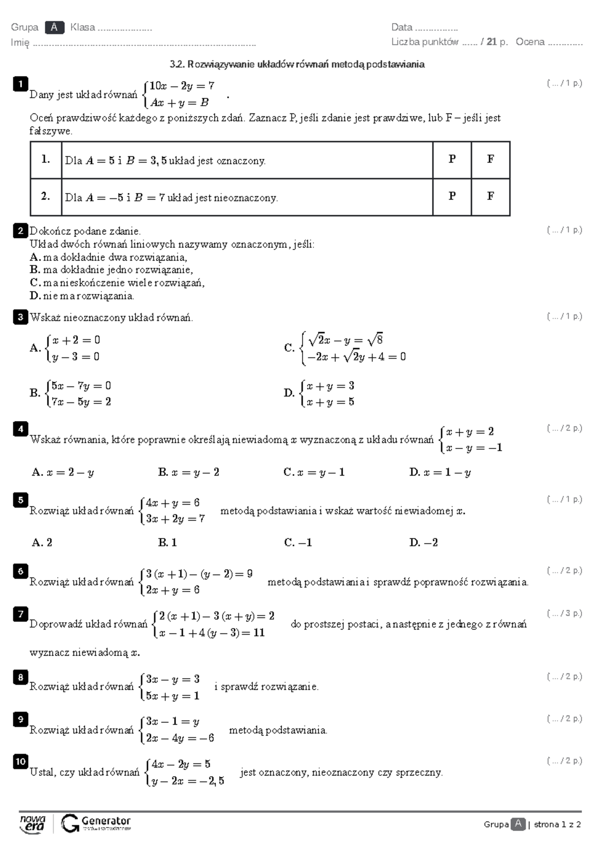 Matematyka Sprawdzian Z Układów Równań Zadania Tekstowe Solanka