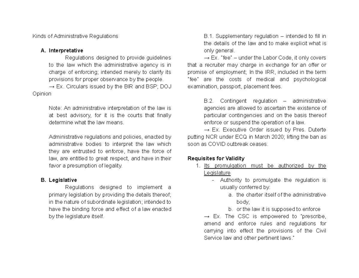 Admin LAW Finals: The Nature and Validity of Administrative Regulations ...
