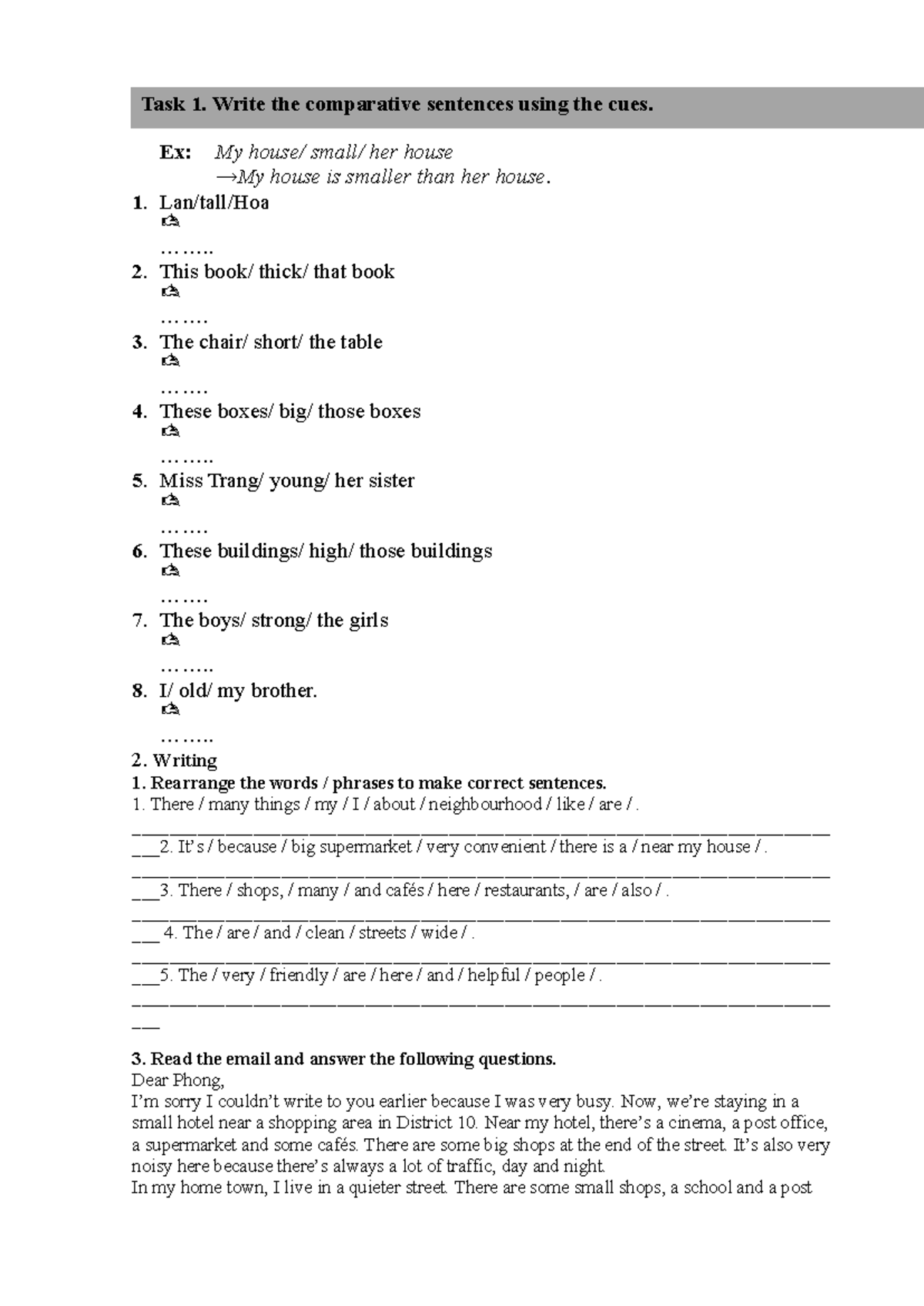 BAI TAP UNIT 4 - Comparative Sentences & Writing Exercises - Studocu