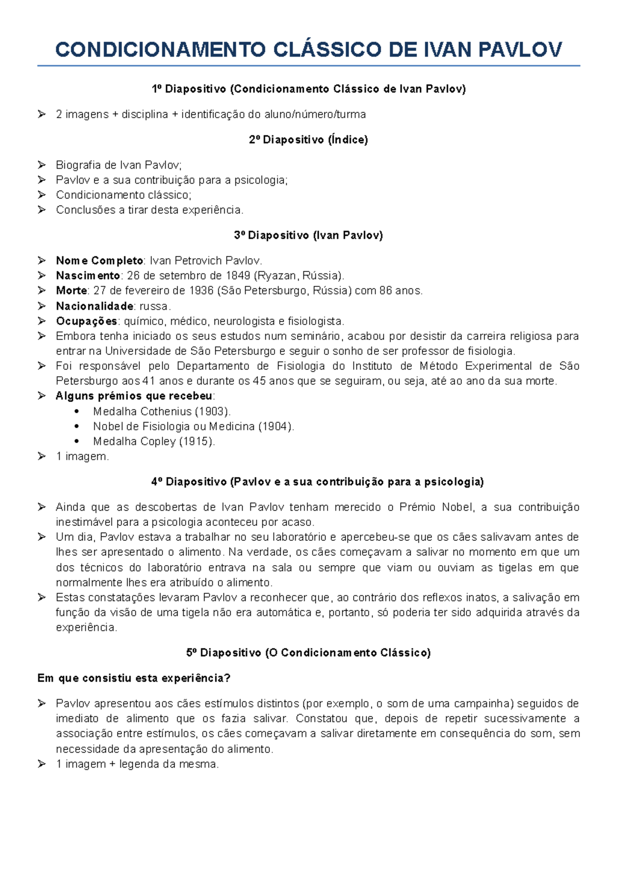 Condicionamento Clássico de Ivan Pavlov - Resumo e Conclusões - Studocu