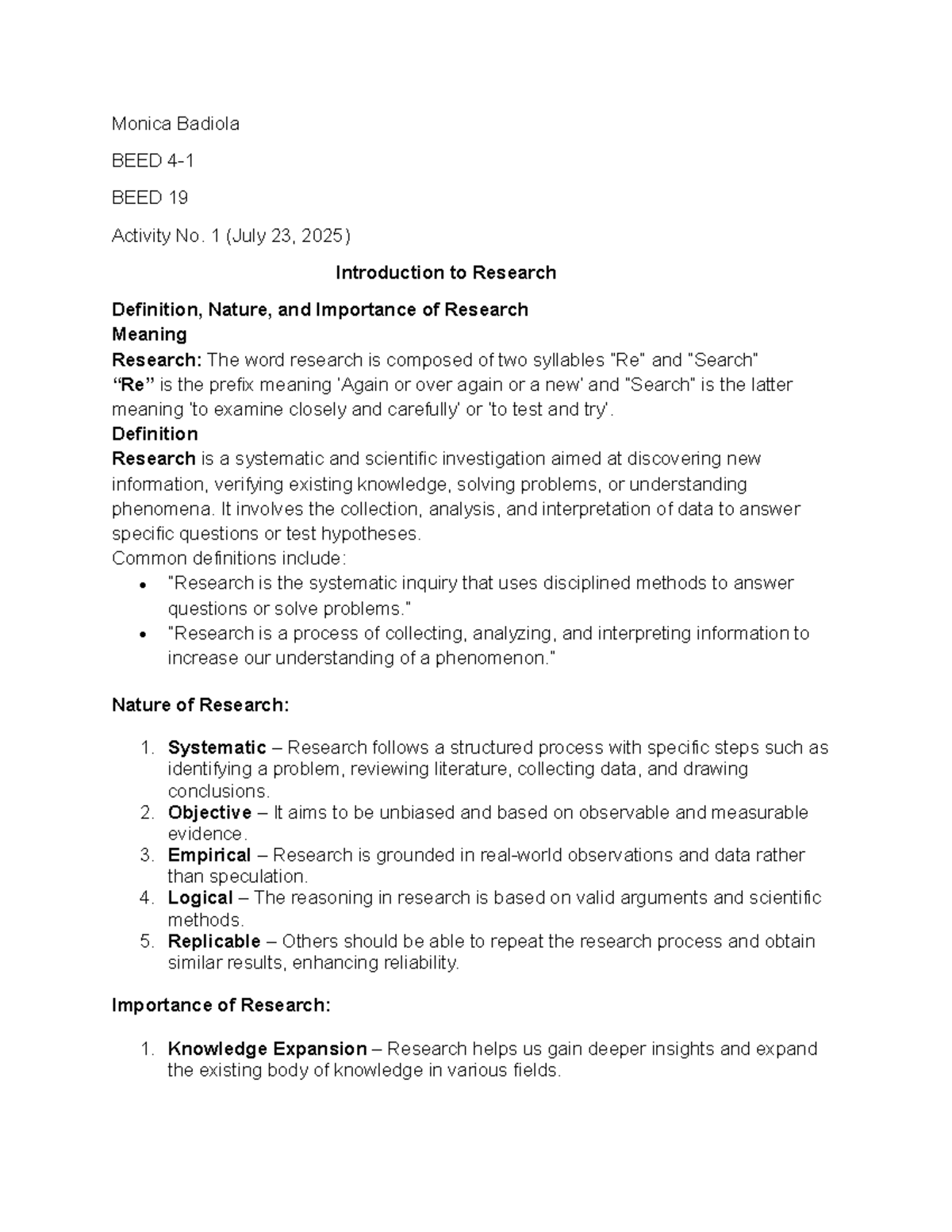 BEED 19 Activity 1: Introduction to Research - Definition & Importance ...