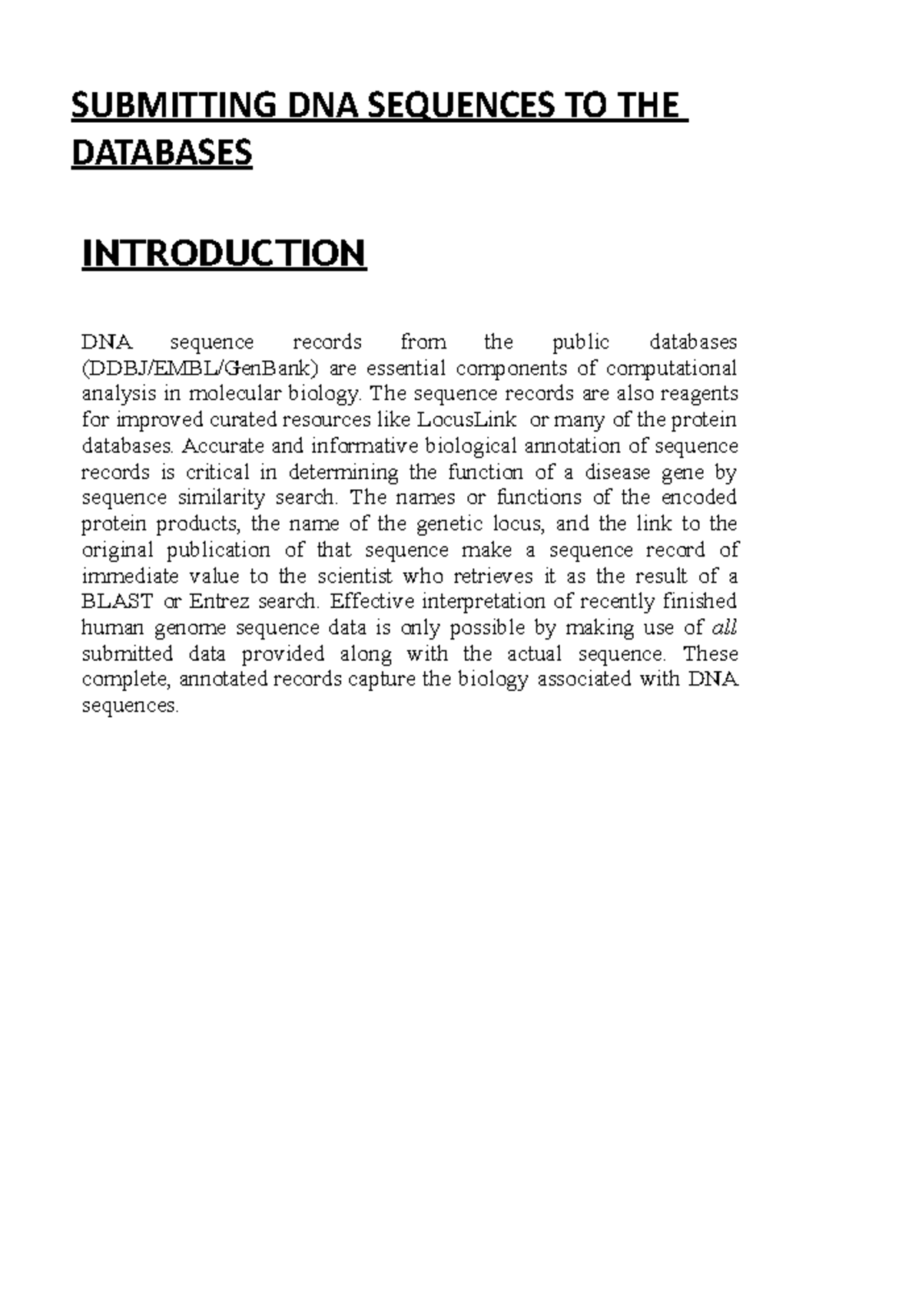 Submitting DNA Sequences to Public Databases: Guidelines and Procedures ...