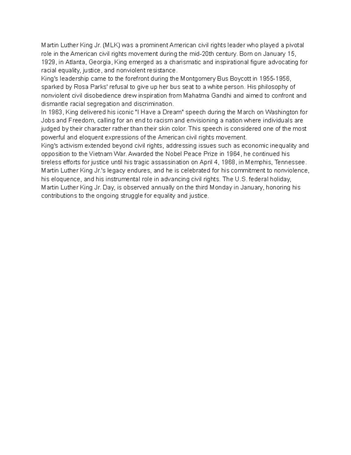MLK - Summary Human sciences - Martin Luther King Jr. (MLK) was a ...