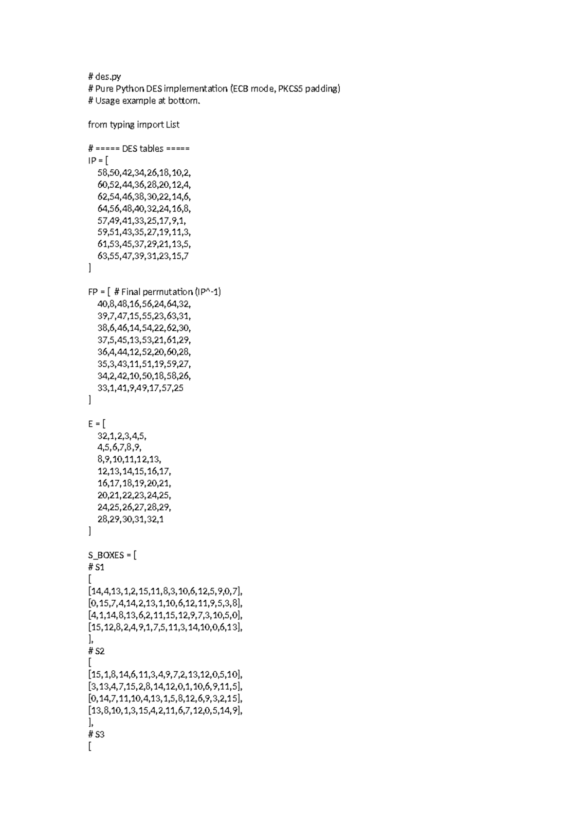 DES Implementation in Pure Python (ECB Mode, PKCS5 Padding) - Studocu