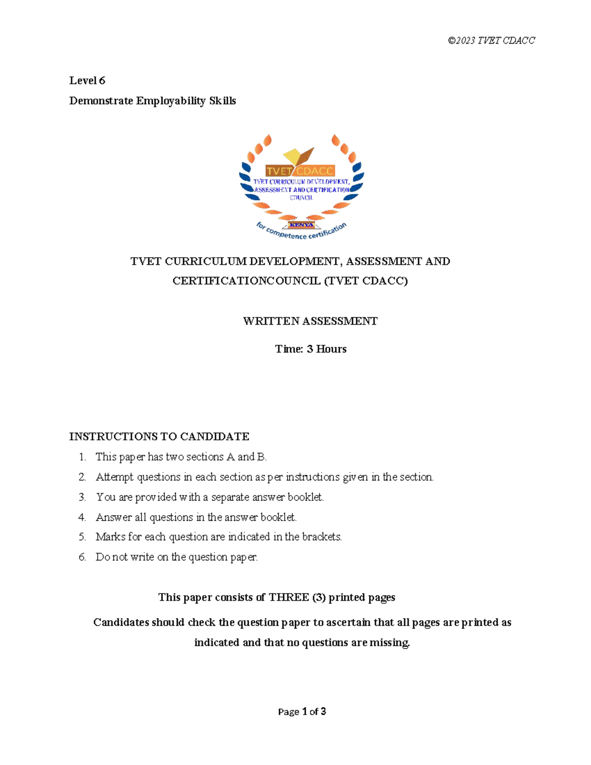 TVET CDACC Level 6 Written Assessment: Employability Skills Guide - Studocu
