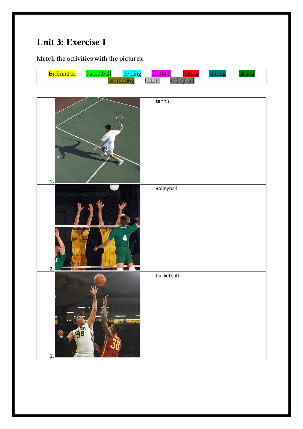 Unit 3 - Tiếng Anh I: Sports Activities and Verbs Exercises - Studocu