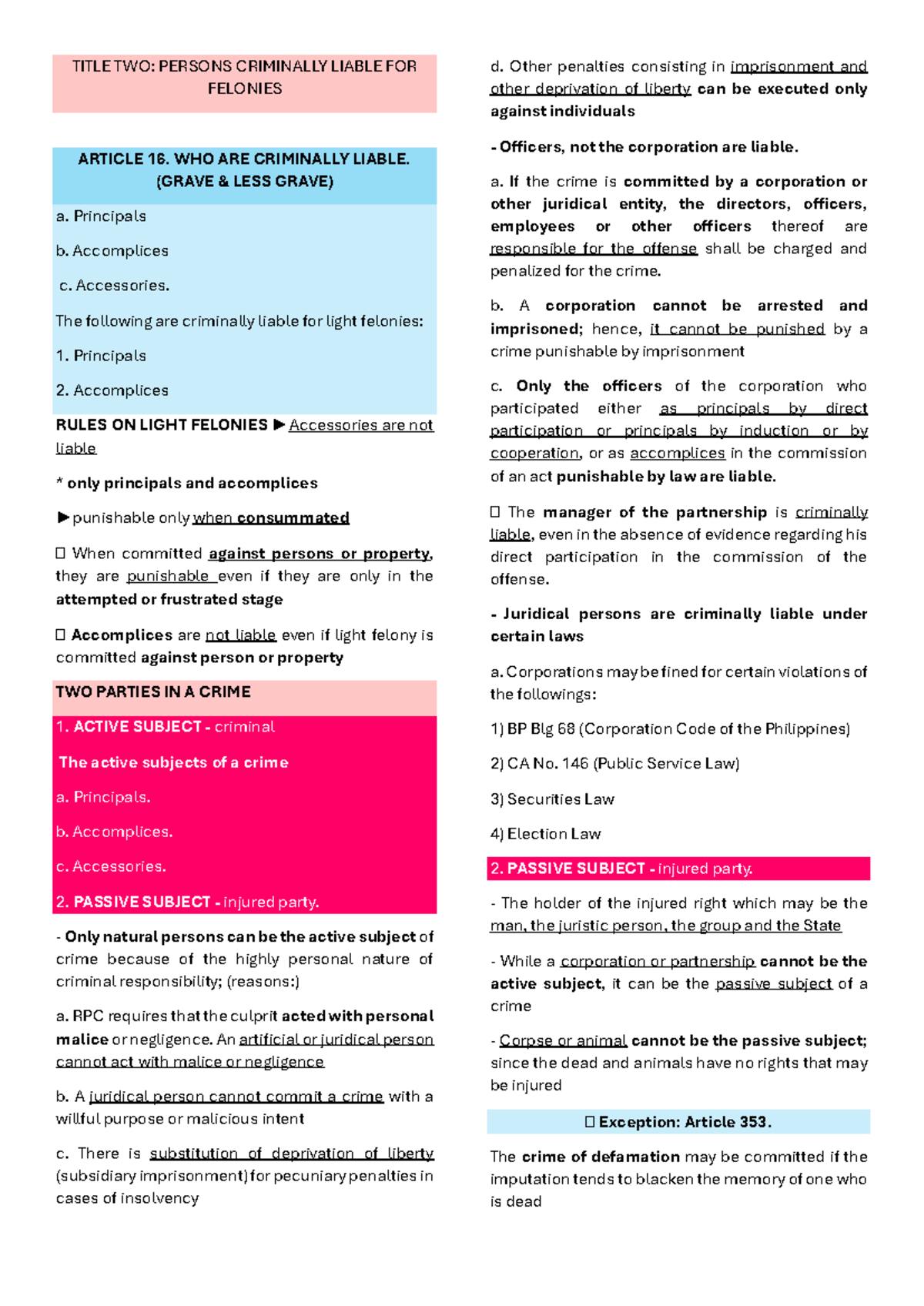 Criminal Liability for Felonies: Key Concepts and Articles - Studocu