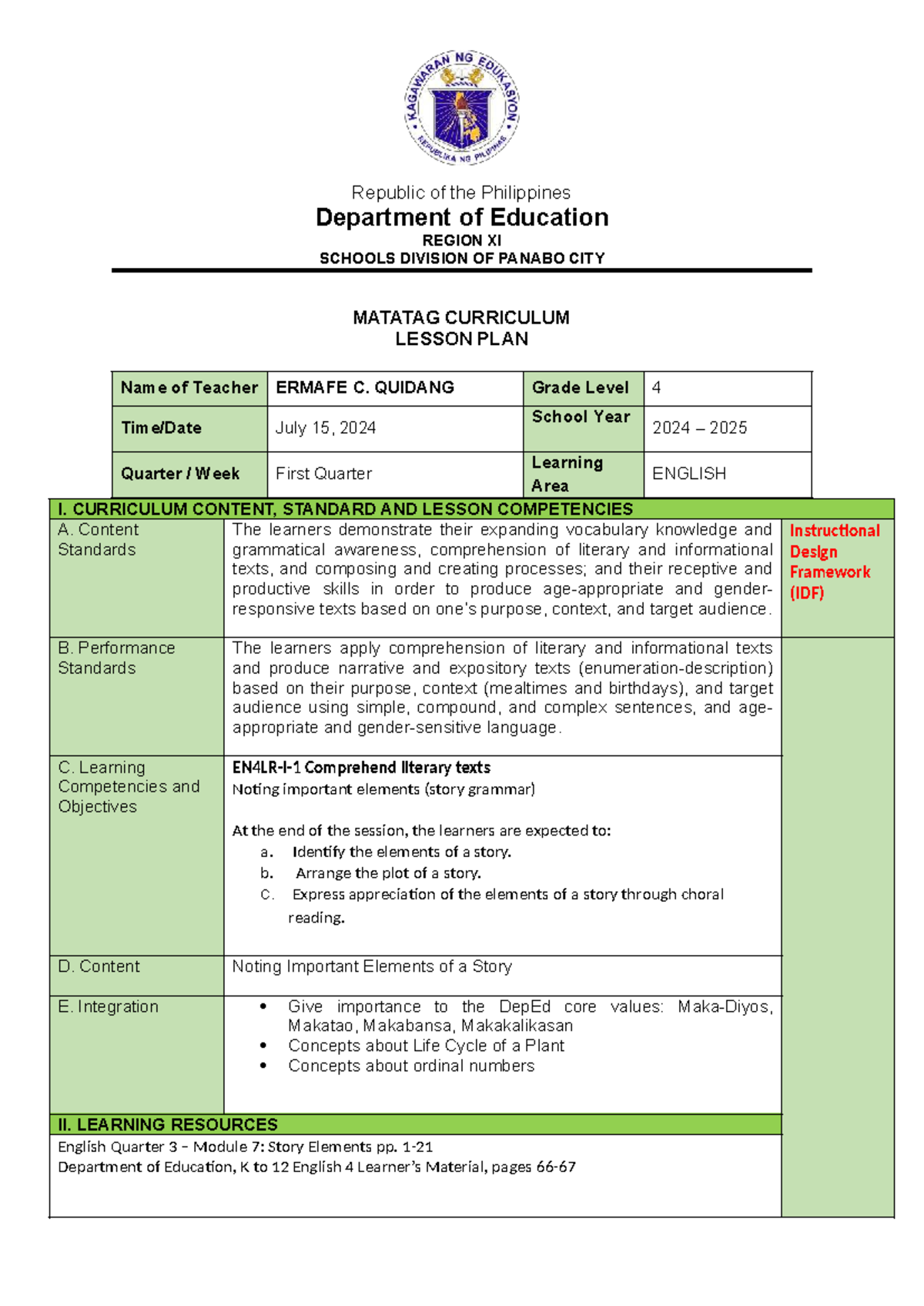 G4 ENGLISH 4 MATATAG CURRICULUM LESSON PLAN: STORY ELEMENTS - Studocu