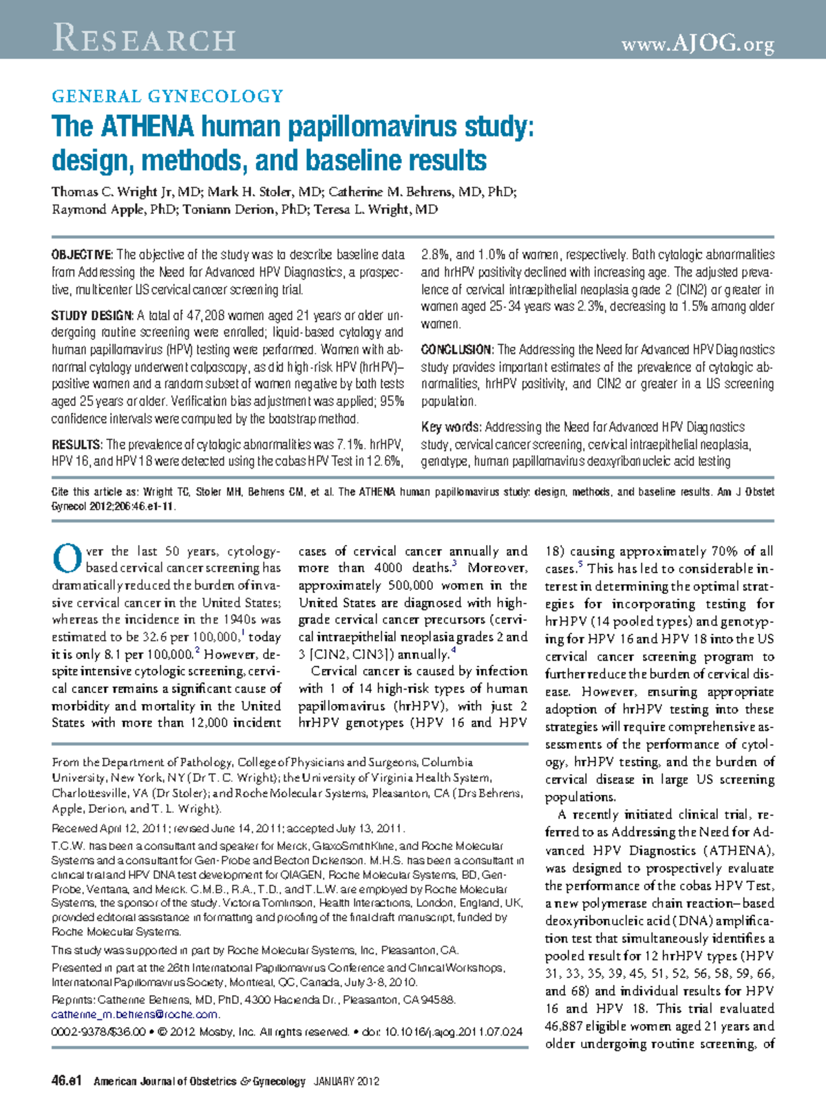 ATHENA Study: Design, Methods, and Baseline Results in HPV Research ...