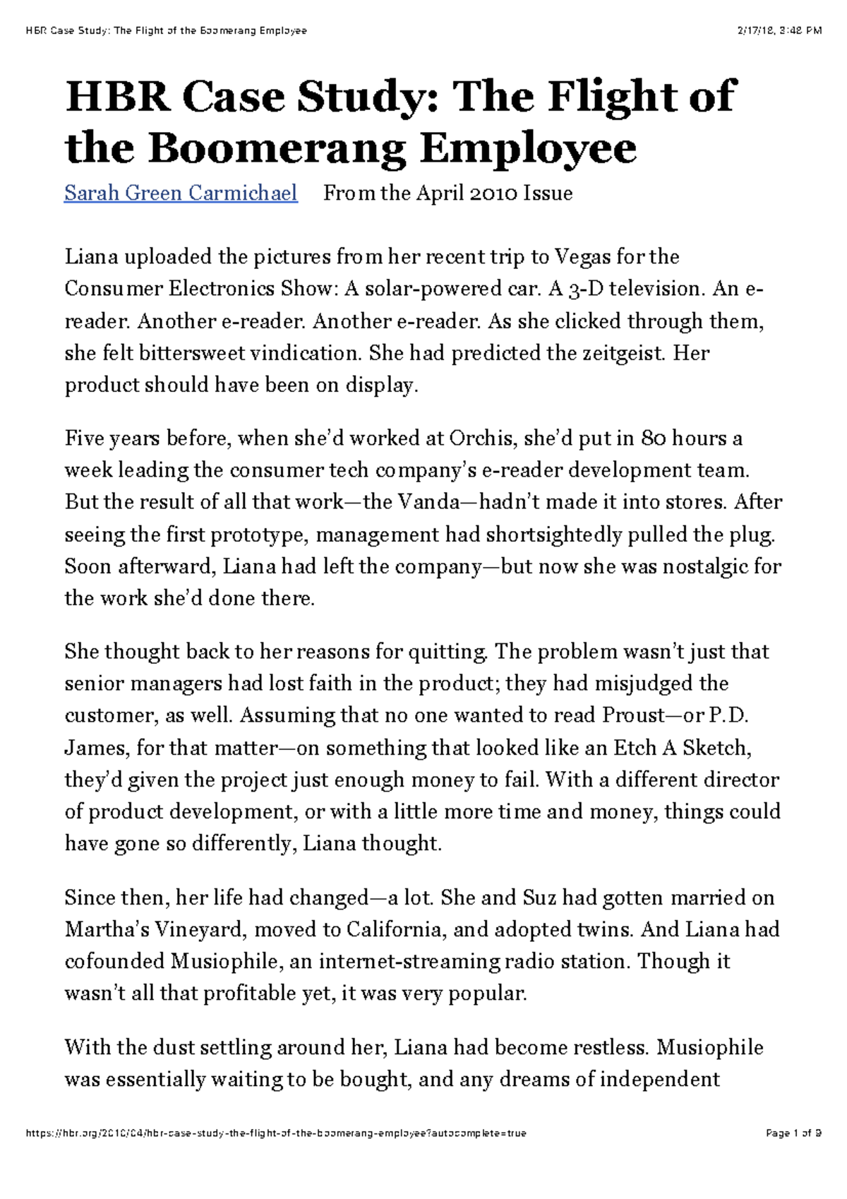 HBR Case Study: Liana's Journey as a Boomerang Employee at Orchis - Studocu