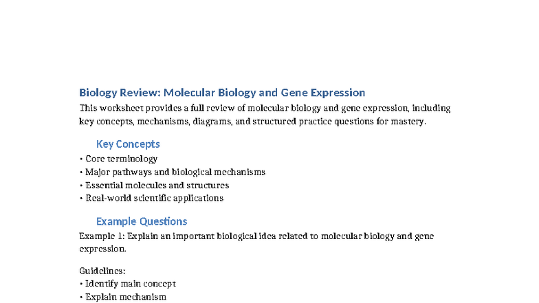 Biology Worksheet 221: Review of Molecular Biology & Gene Expression ...