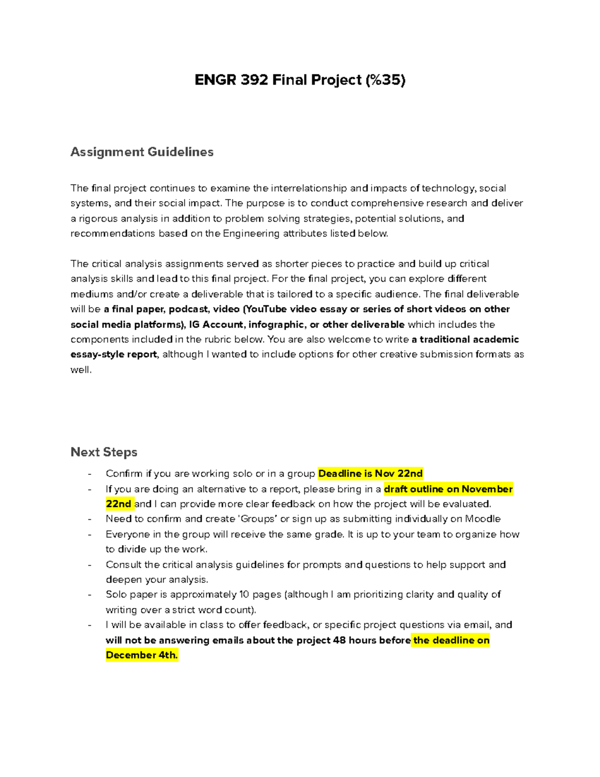 ENGR 392 Final Project Guidelines and Assignment Details - Studocu