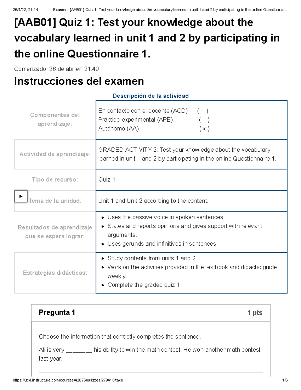 Quiz 1 [AAB01]: Vocabulary Mastery from Units 1 & 2 - Studocu