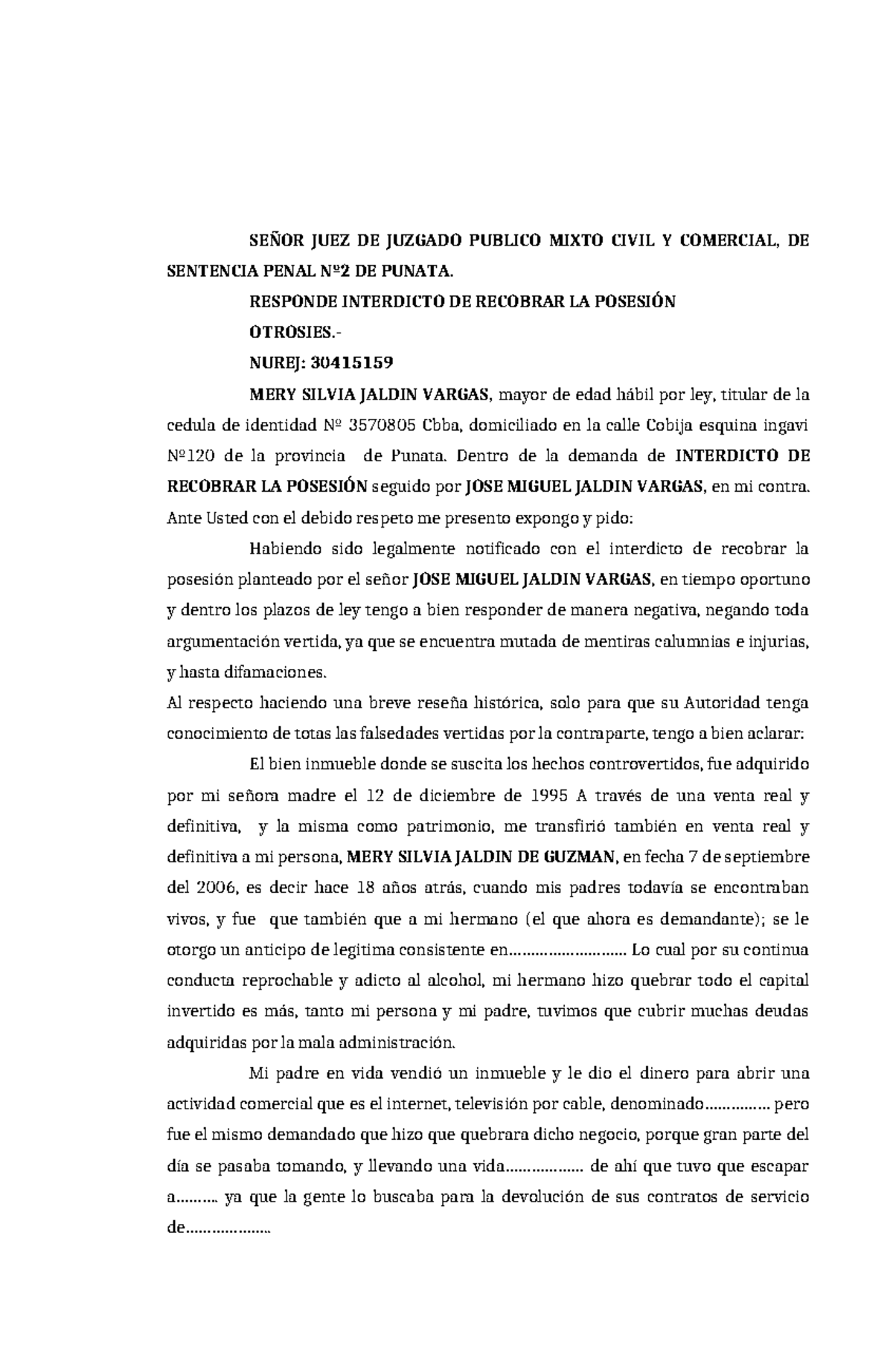 Respuesta al Interdicto de Recobrar la Posesión - Mery Silvia Jaldin - Document Preview