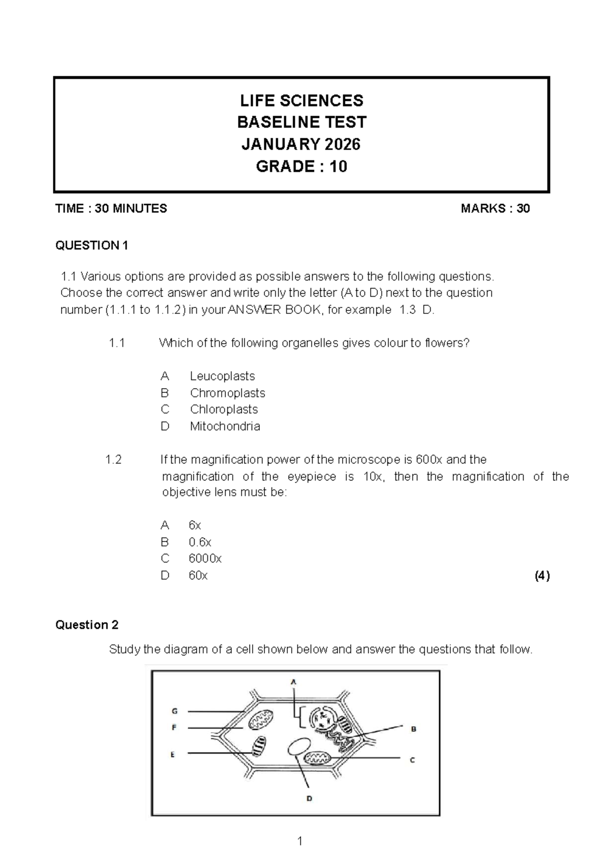LIFE SCIENCES BASELINE TEST GRADE 10 JAN 2026 - Studocu